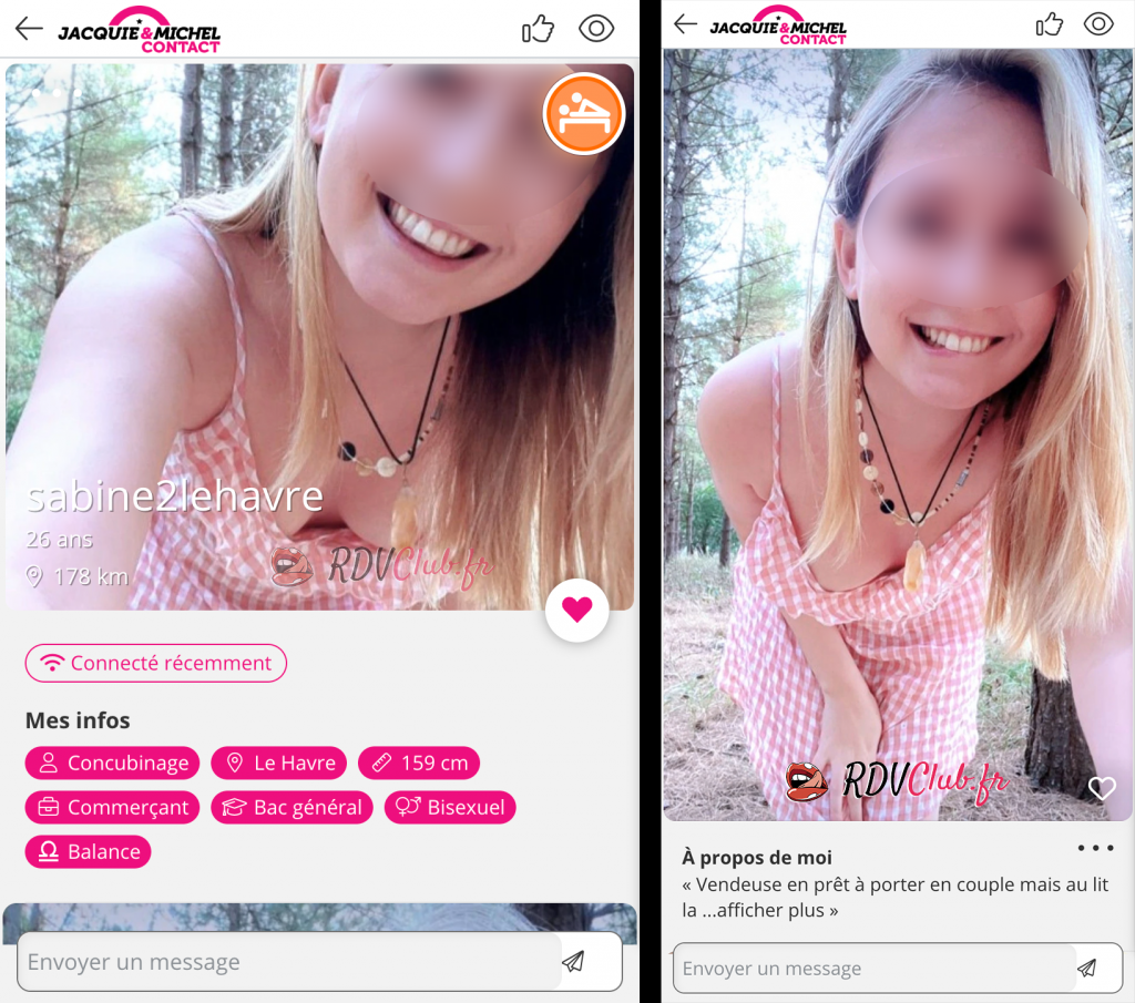 profil femme sur l'application Jacquie et Michel Contact